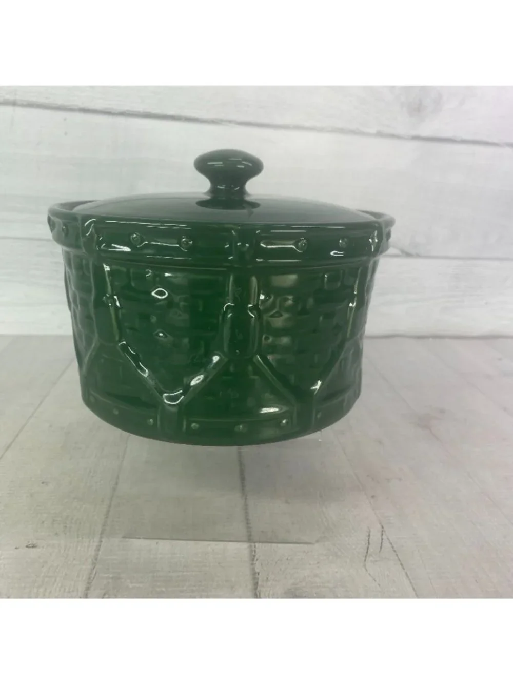Longaberger Pottery WOVEN DRUM Ivy Green Traditions Embossed 4